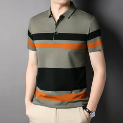Contrasting striped lapel short-sleeved polo shirt