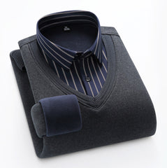 Men's Fake Two-piece Striped V-neck Business Warm Knitted Shirt