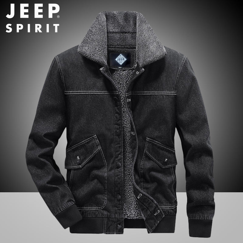 New Men's Thickened Fleece Denim Loose Large Size Windproof Jacket