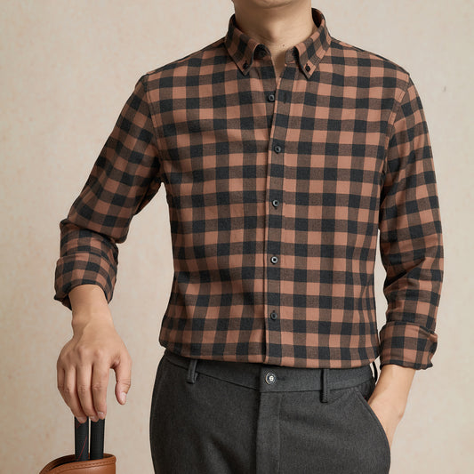 Men's Pure Cotton Business Casual Long-sleeved Plaid Shirt