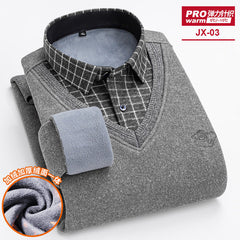 Men's Fake Two-piece Velvet Thickened Loose Casual Knitted Shirt