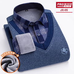Men's Fake Two-piece Velvet Thickened Loose Casual Knitted Shirt