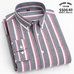 Men's Pure Cotton Oxford Vertical Plaid Striped Business Casual Long-sleeved Shirt