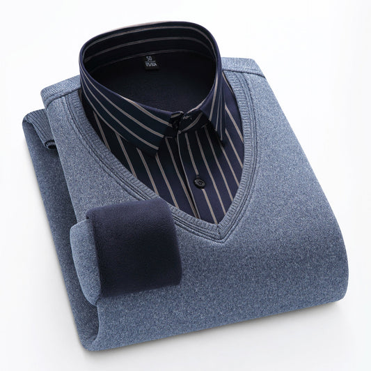 Men's Fake Two-piece Striped V-neck Business Warm Knitted Shirt