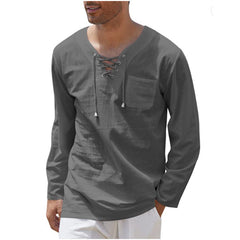 New Style Men's Cotton and Linen Fashion Casual Lace-up V-neck Long-sleeved Shirt