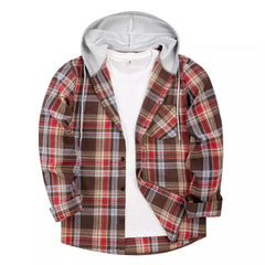 Men's 2024 New Loose Casual Long-sleeved Hooded Plaid Shirt
