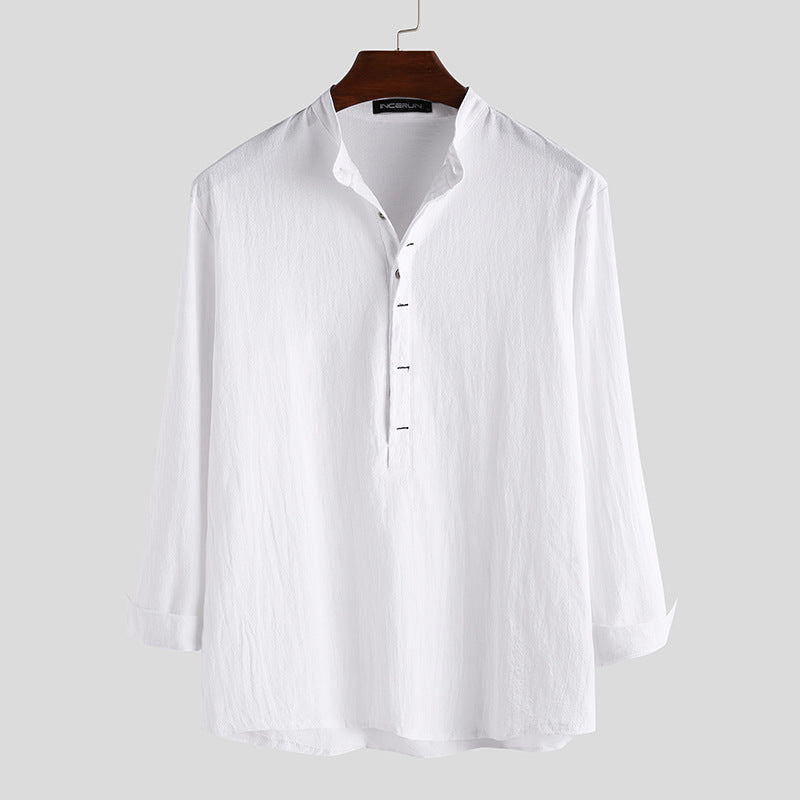 Men's Casual Loose Solid Color Cotton Linen Long Sleeve Shirt