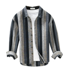 Men's Striped Color Block Linen Casual Long Sleeve Shirt