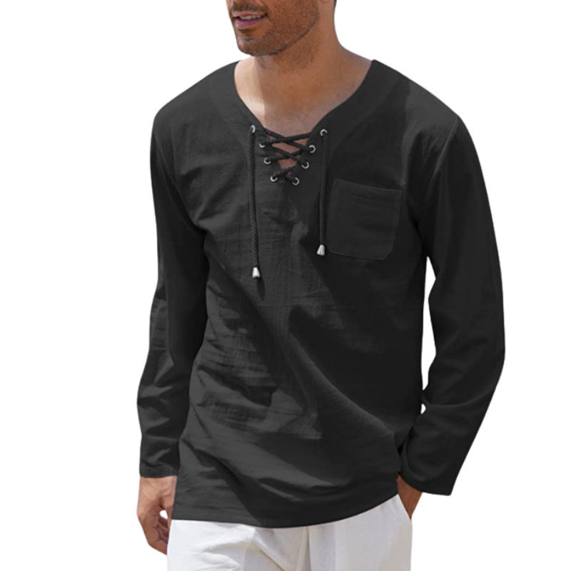 New Style Men's Cotton and Linen Fashion Casual Lace-up V-neck Long-sleeved Shirt