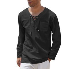 New Style Men's Cotton and Linen Fashion Casual Lace-up V-neck Long-sleeved Shirt