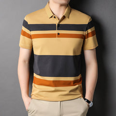 Contrasting striped lapel short-sleeved polo shirt