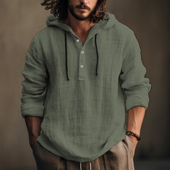 Men's Casual Cotton and Linen Shirt Hooded Sweatshirt