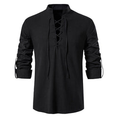 Men's V-neck Lace-up Cotton and Linen Loose Casual Stand-collar Shirt