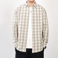 Men's Spring 2024 100% Cotton Loose Plaid Striped Shirt