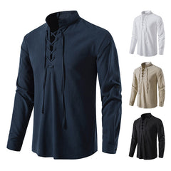 Men's V-neck Lace-up Cotton and Linen Loose Casual Stand-collar Shirt