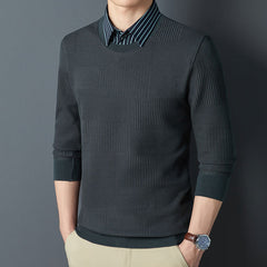 High-end fake two piece men's long sleeve shirt sweater