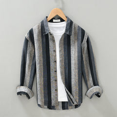 Men's Striped Color Block Linen Casual Long Sleeve Shirt