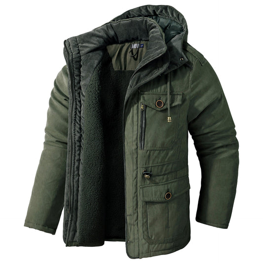 Men's Thick Multi-Pocket Lambswool Hooded Cotton Jacket
