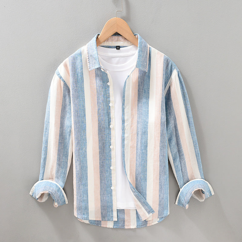 Men's Striped Color Block Linen Casual Long Sleeve Shirt