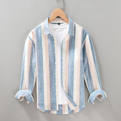 Men's Striped Color Block Linen Casual Long Sleeve Shirt