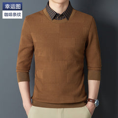 High-end fake two piece men's long sleeve shirt sweater