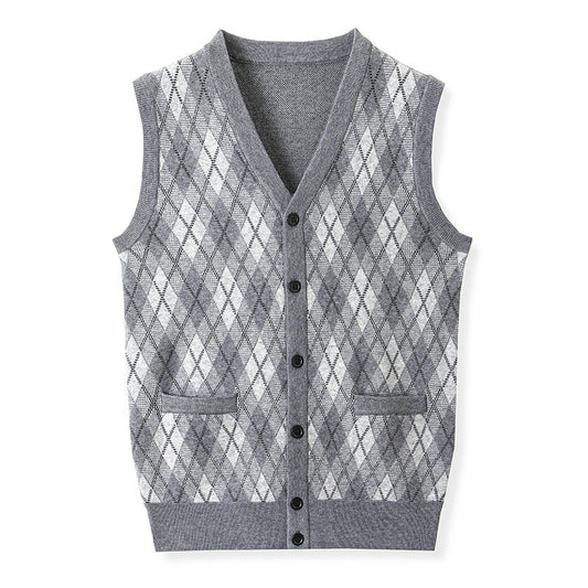Men's Diamond Pocket Cardigan Knitted Sleeveless Sweater Vest