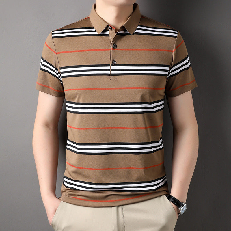 Color block striped men's lapel polo shirt