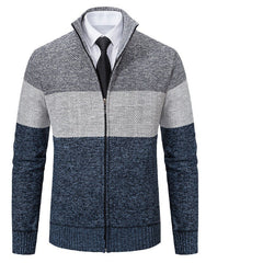 Men's Stand Collar Color Matching Plus Velvet Thickened Knitted Jacket
