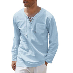 New Style Men's Cotton and Linen Fashion Casual Lace-up V-neck Long-sleeved Shirt