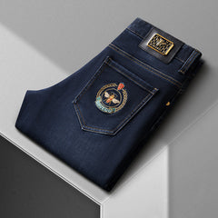 Men's Winter Thickened High-end Fashion Embroidered Stretch Straight Jeans