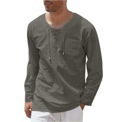 New Style Men's Cotton and Linen Fashion Casual Lace-up V-neck Long-sleeved Shirt
