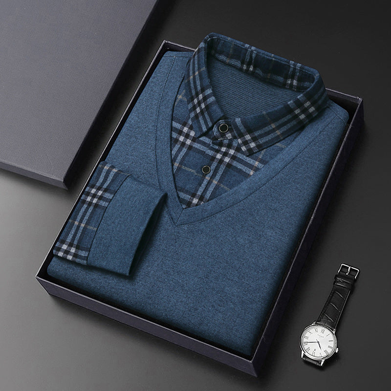 Men's Fake Two Piece Wool Silk Slim Fit Plaid Shirt