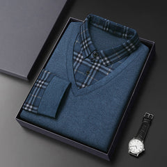 Men's Fake Two Piece Wool Silk Slim Fit Plaid Shirt