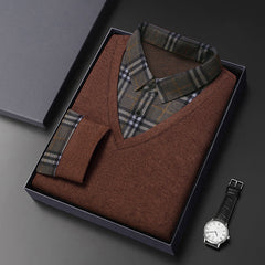 Men's Fake Two Piece Wool Silk Slim Fit Plaid Shirt