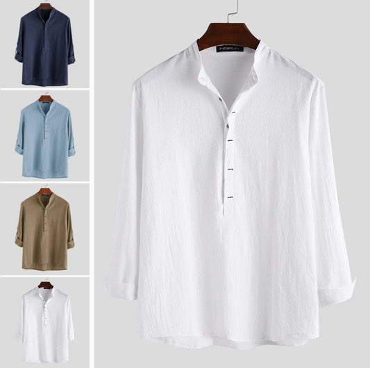 Men's Casual Loose Solid Color Cotton Linen Long Sleeve Shirt