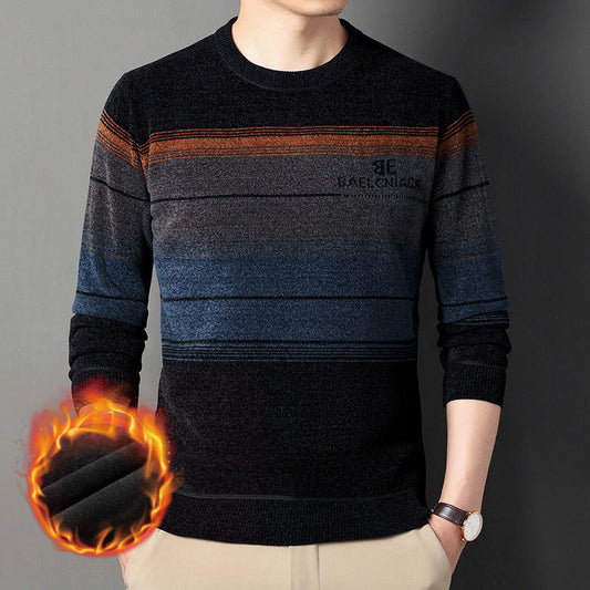 Winter Men's Fleece Striped Print Sweater