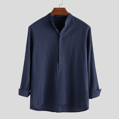 Men's Casual Loose Solid Color Cotton Linen Long Sleeve Shirt