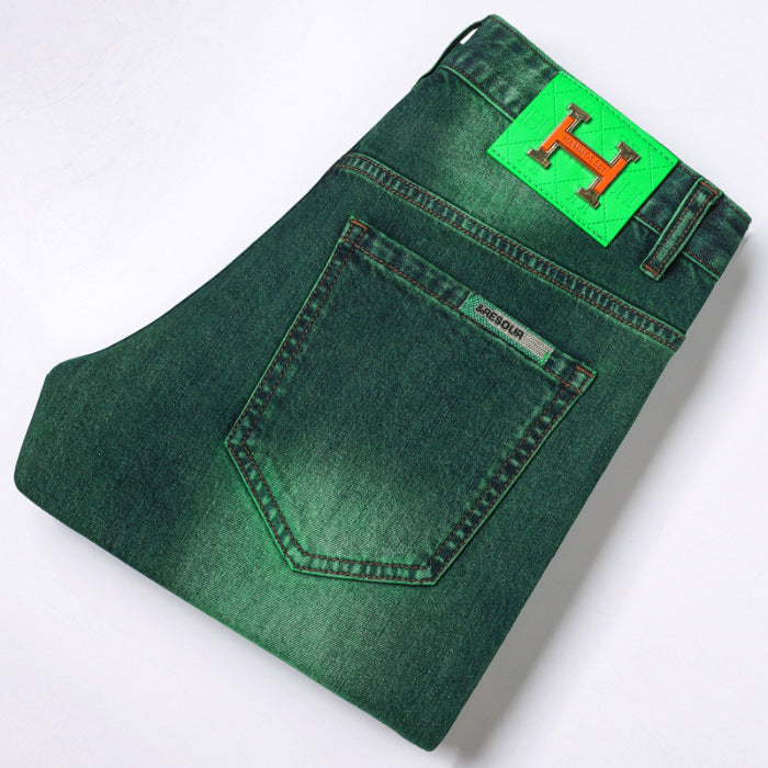 Men's High-end Slim Straight Green Jeans