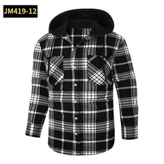 2024 New Loose Casual Flannel Long-sleeved Hooded Plaid Shirt