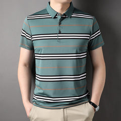 Color block striped men's lapel polo shirt