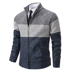 Men's Stand Collar Color Matching Plus Velvet Thickened Knitted Jacket
