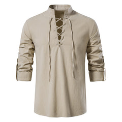 Men's V-neck Lace-up Cotton and Linen Loose Casual Stand-collar Shirt
