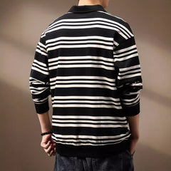 Men's Retro Striped Contrast Color Casual Long Sleeve Polo Shirt