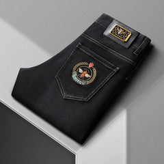 Men's Winter Thickened High-end Fashion Embroidered Stretch Straight Jeans