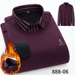 Men's Seamless Fake Two-piece Velvet Thickened Cotton Knitted Shirt