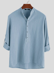 Men's Casual Loose Solid Color Cotton Linen Long Sleeve Shirt