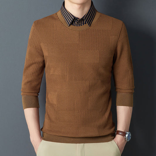 High-end fake two piece men's long sleeve shirt sweater