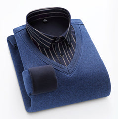 Men's Fake Two-piece Striped V-neck Business Warm Knitted Shirt
