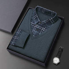Men's Fake Two Piece Wool Silk Slim Fit Plaid Shirt