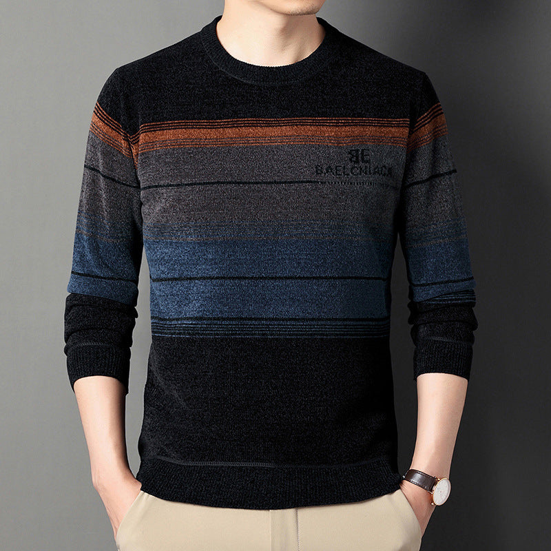 Winter Men's Fleece Striped Print Sweater